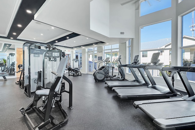 workout area featuring a healthy amount of sunlight, recessed lighting, visible vents, and crown molding