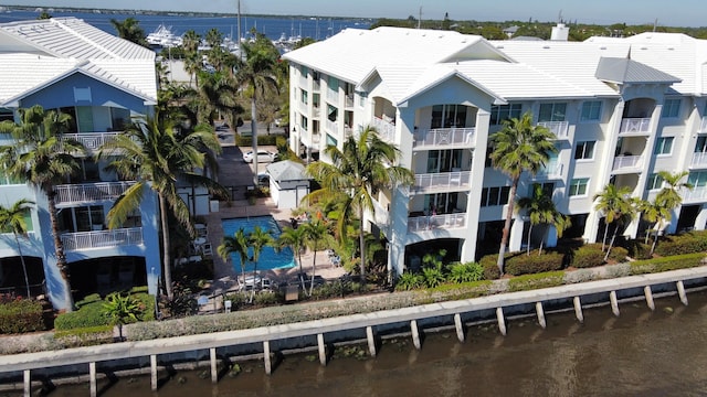 aerial view featuring a water view