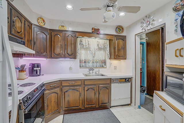 kitchen featuring under cabinet range hood, black range with electric stovetop, a sink, dishwasher, and light floors