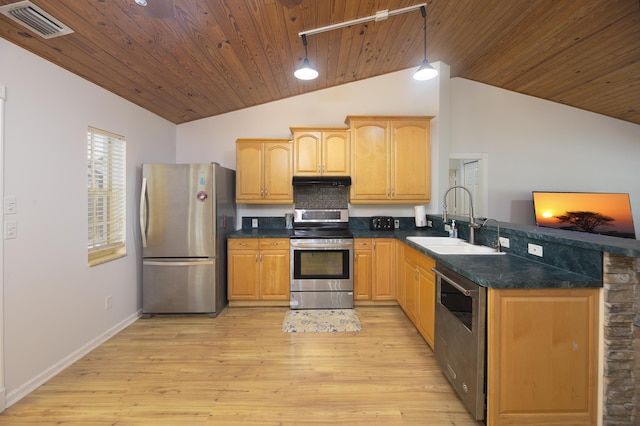 kitchen with visible vents, light wood-style flooring, a peninsula, stainless steel appliances, and a sink