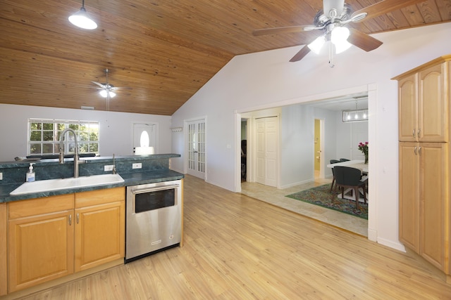 kitchen with dishwasher, dark countertops, wood ceiling, light wood-style floors, and a sink