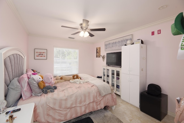 bedroom featuring a ceiling fan, visible vents, and crown molding