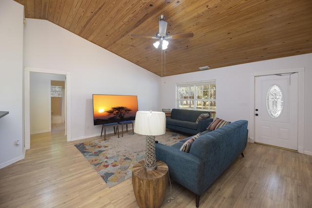 living area with high vaulted ceiling, wood finished floors, wood ceiling, and baseboards