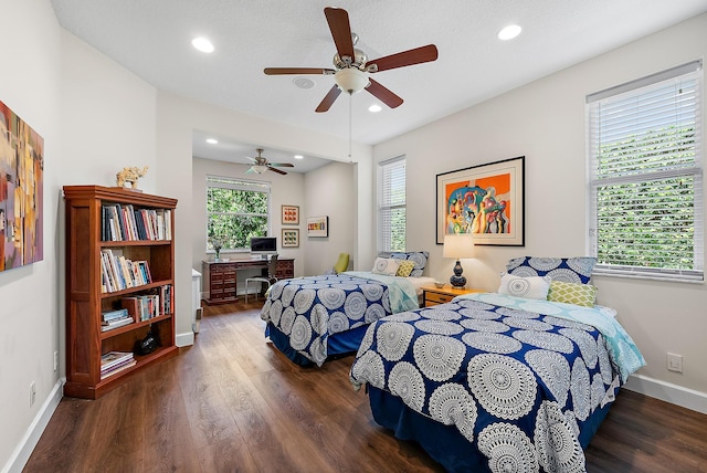 bedroom with recessed lighting, baseboards, wood finished floors, and ceiling fan