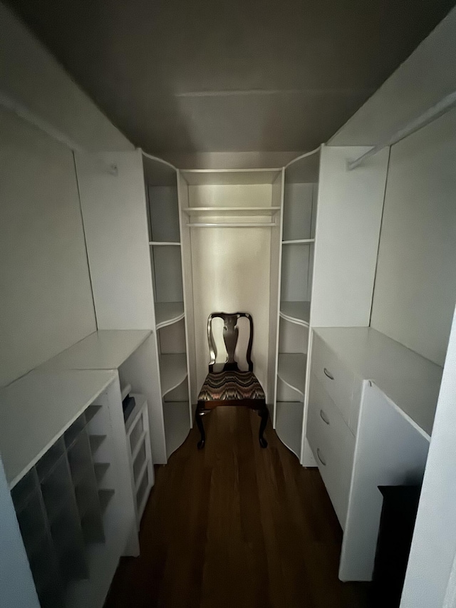 walk in closet with dark wood-style flooring