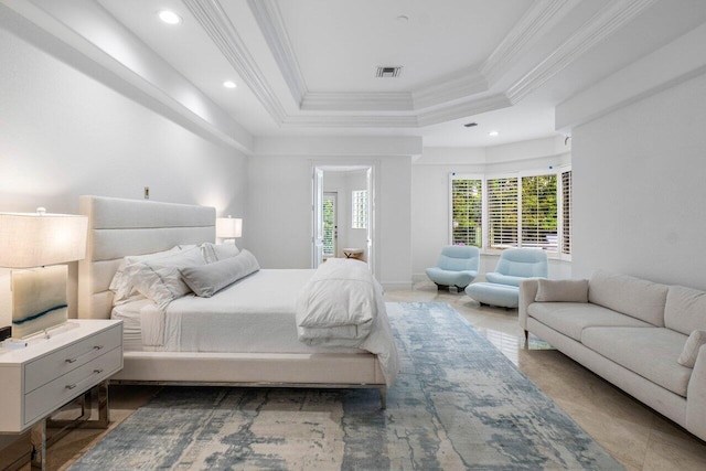 bedroom featuring recessed lighting, a raised ceiling, visible vents, and crown molding