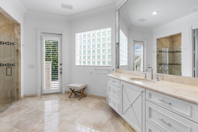 bathroom with visible vents, baseboards, ornamental molding, vanity, and a shower stall