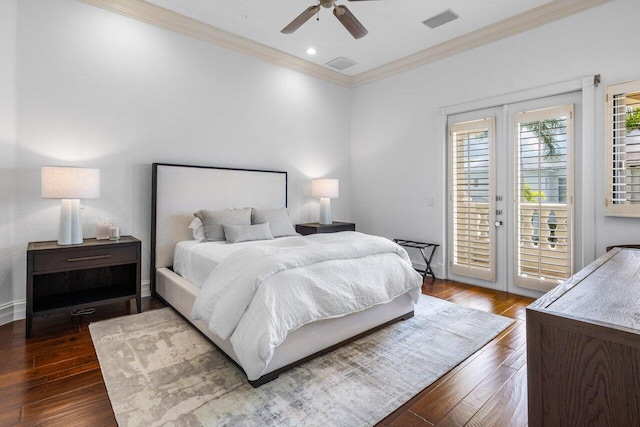 bedroom with visible vents, dark wood-style flooring, access to exterior, crown molding, and french doors