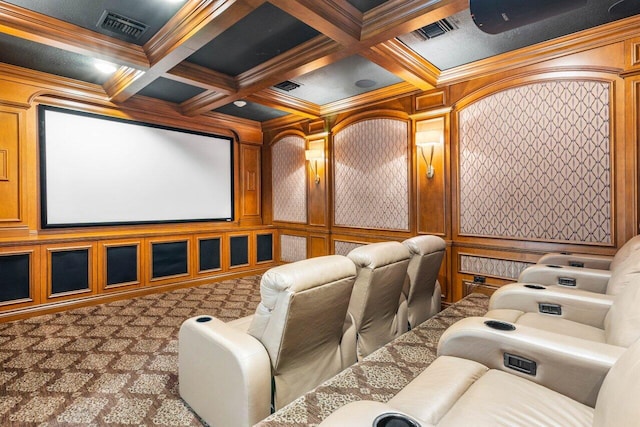 home theater room with beamed ceiling, coffered ceiling, and visible vents