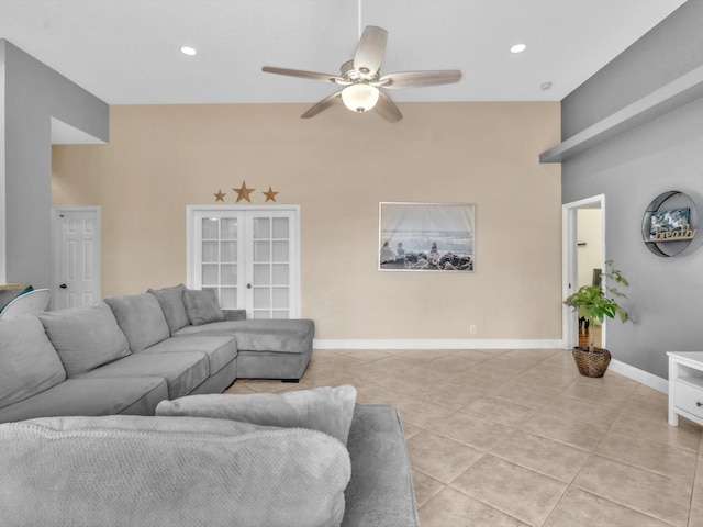 living room with french doors, recessed lighting, light tile patterned flooring, ceiling fan, and baseboards