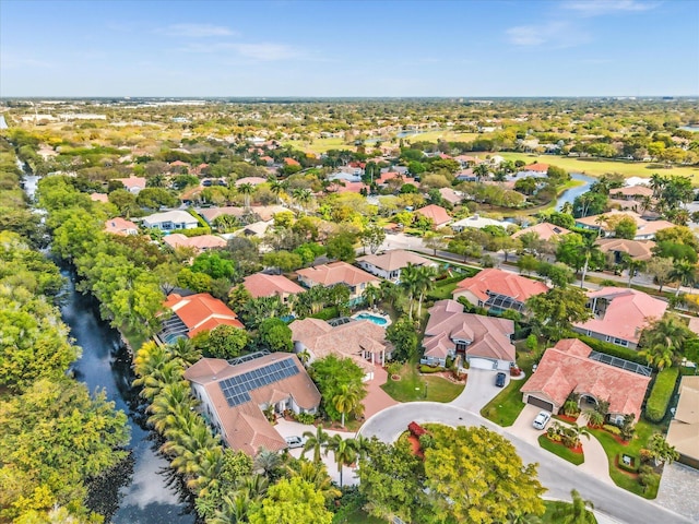 bird's eye view featuring a water view and a residential view