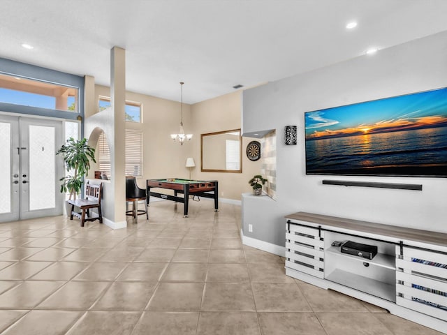 recreation room with tile patterned flooring, recessed lighting, billiards, baseboards, and french doors