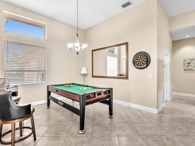 recreation room with light tile patterned floors, baseboards, billiards, and visible vents