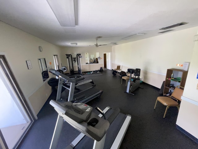 exercise room with ceiling fan and visible vents