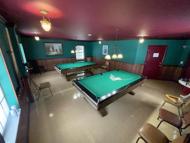 rec room featuring a wainscoted wall, pool table, wood walls, and tile patterned floors