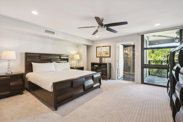 bedroom with access to exterior, visible vents, recessed lighting, and light carpet