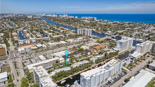 aerial view with a city view and a water view