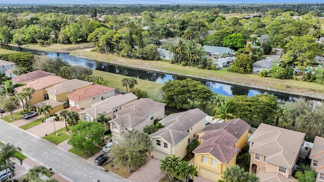 aerial view featuring a water view and a residential view