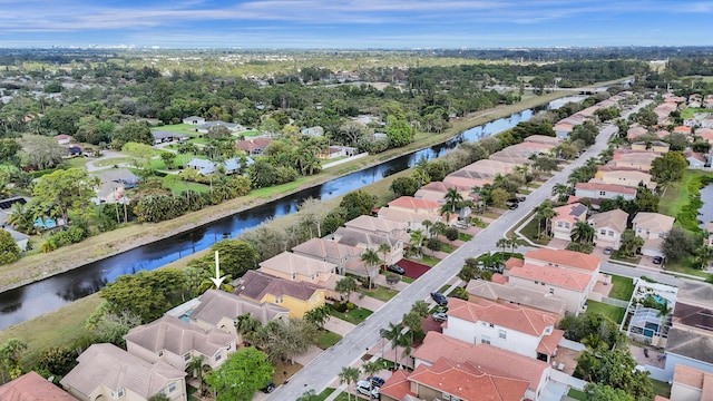 bird's eye view featuring a water view and a residential view