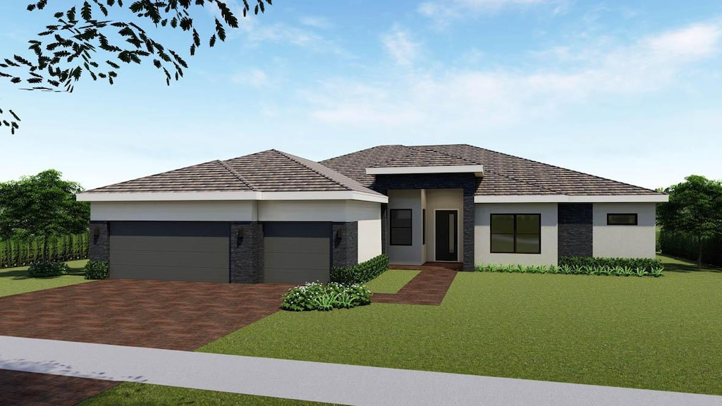 view of front of house featuring a garage, decorative driveway, stone siding, and a front lawn