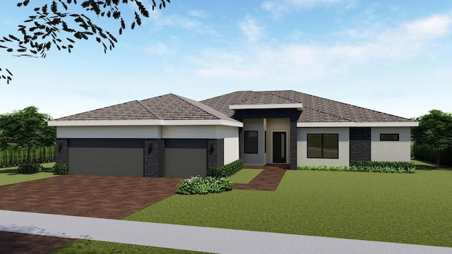 view of front of house featuring a garage, decorative driveway, stone siding, and a front lawn