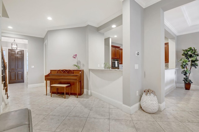 hall featuring baseboards, light tile patterned floors, recessed lighting, and crown molding