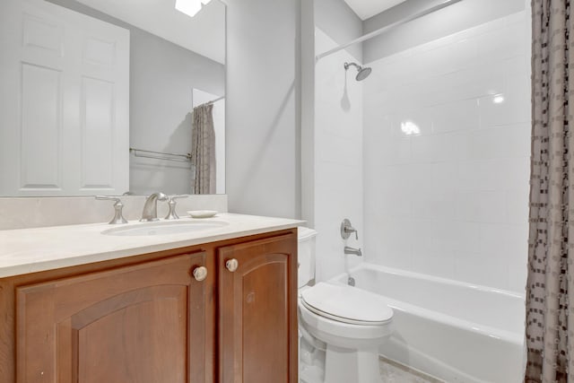 full bath featuring shower / bath combination with curtain, vanity, and toilet