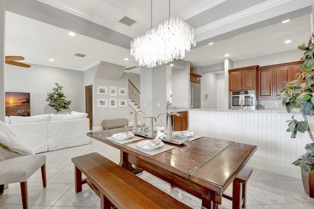 dining room with stairs, visible vents, a notable chandelier, and light tile patterned flooring