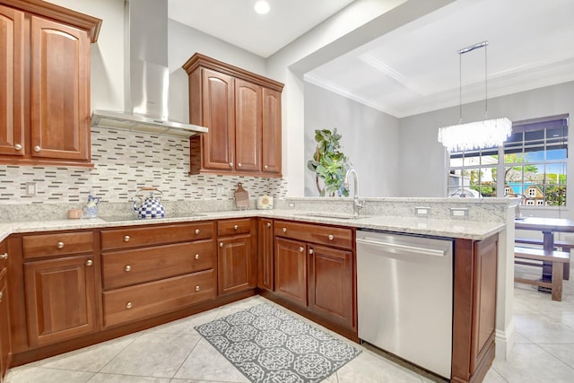 kitchen with light stone counters, a sink, dishwasher, a peninsula, and wall chimney exhaust hood