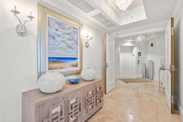 corridor with crown molding, an inviting chandelier, visible vents, and elevator