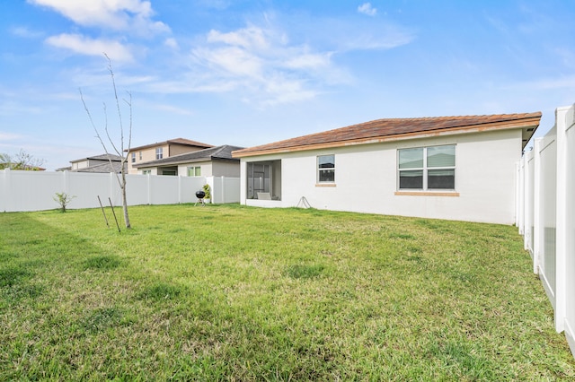 back of property featuring a fenced backyard, a lawn, and stucco siding