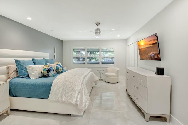 bedroom with recessed lighting, light tile patterned flooring, ceiling fan, and baseboards