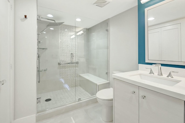 full bathroom with a stall shower, visible vents, vanity, and toilet