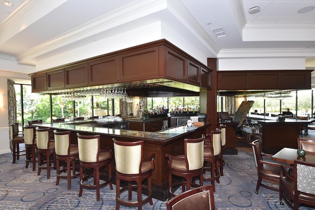 bar with a community bar, a raised ceiling, visible vents, and crown molding