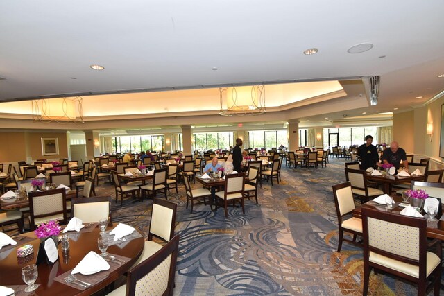 dining space featuring a tray ceiling, a wealth of natural light, and ornate columns