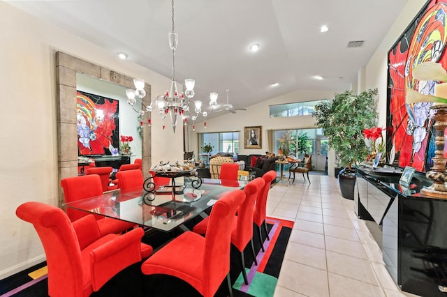 tiled dining area with lofted ceiling, recessed lighting, visible vents, and a notable chandelier