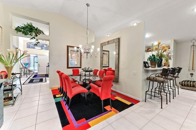 tiled dining room with vaulted ceiling, a chandelier, and baseboards