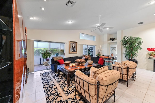 living room featuring light tile patterned floors, ceiling fan, lofted ceiling, and visible vents