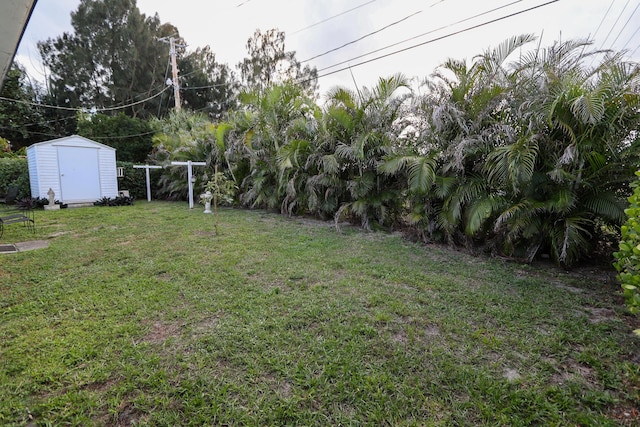 view of yard featuring a storage shed and an outbuilding