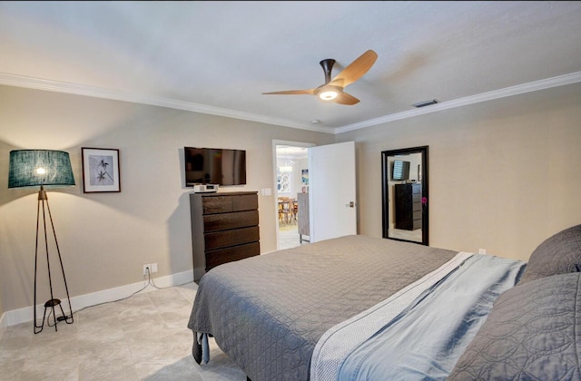 bedroom featuring visible vents, baseboards, ornamental molding, light tile patterned floors, and a ceiling fan