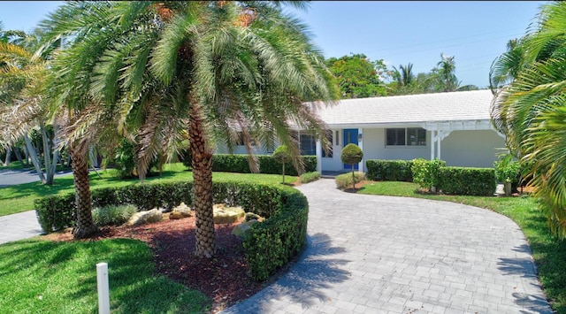 view of front facade featuring a front lawn, decorative driveway, a pergola, and stucco siding