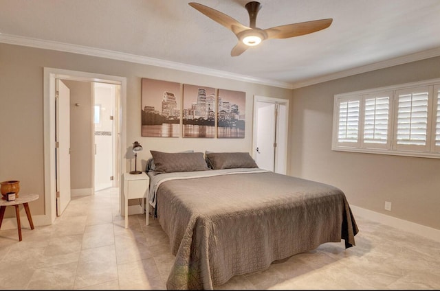 bedroom with ceiling fan, baseboards, and ornamental molding