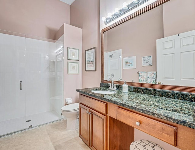 full bath featuring toilet, a stall shower, tile patterned floors, and vanity