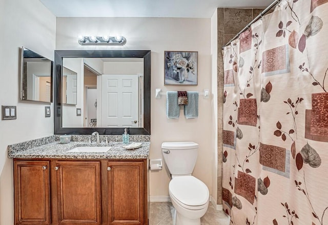 full bath with curtained shower, toilet, vanity, baseboards, and tile patterned floors