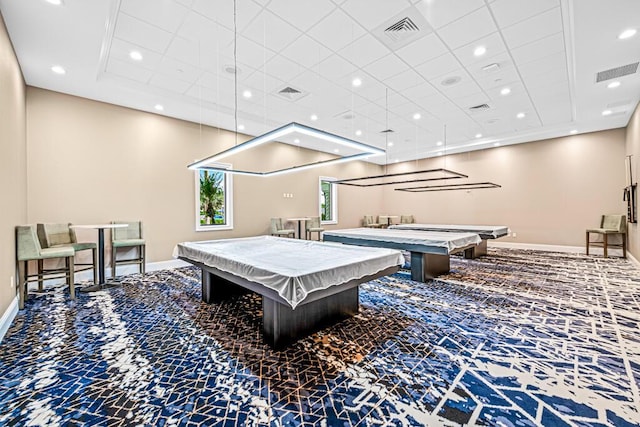 recreation room with billiards, carpet flooring, and visible vents