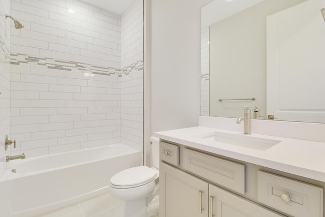 full bathroom featuring shower / tub combination, vanity, toilet, and tile patterned floors