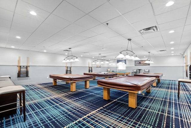 playroom with carpet floors, a wainscoted wall, recessed lighting, pool table, and visible vents