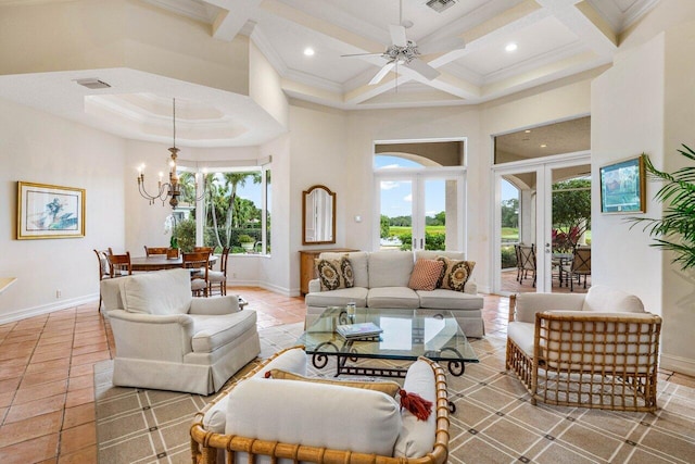 7500 Marsh Cv, Palm Beach Gardens, FL 33418 - living area with coffered ceiling, a towering ceiling, a chandelier, recessed lighting, and ornamental molding