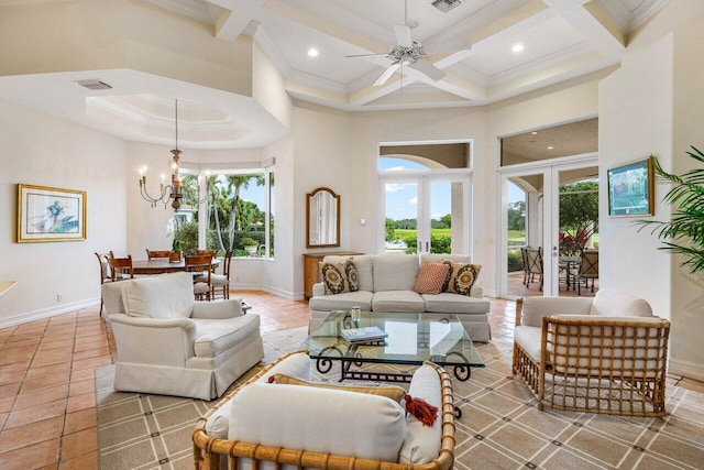 living room with french doors, a towering ceiling, coffered ceiling, beamed ceiling, and baseboards