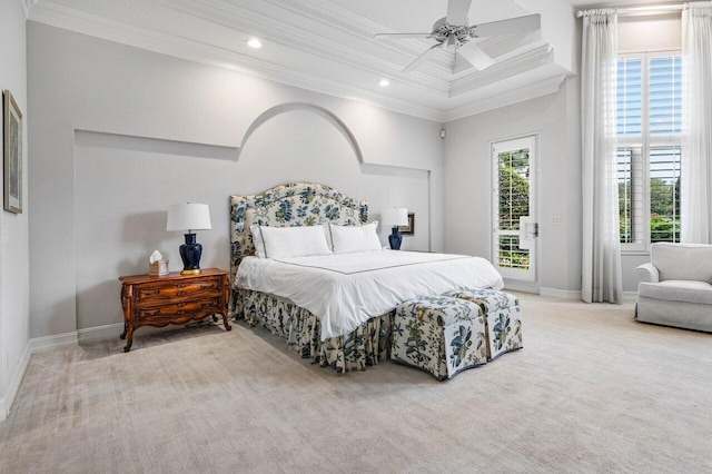 bedroom featuring baseboards, ornamental molding, carpet flooring, and access to exterior